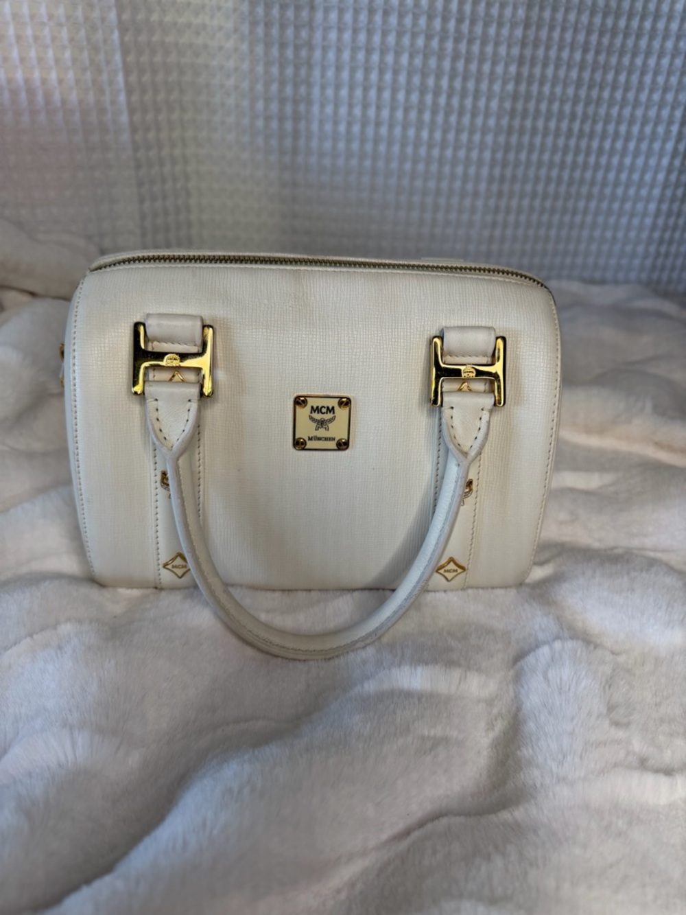 ✨ MCM White Leather Mini Boston Satchel – Gold Hardware ✨